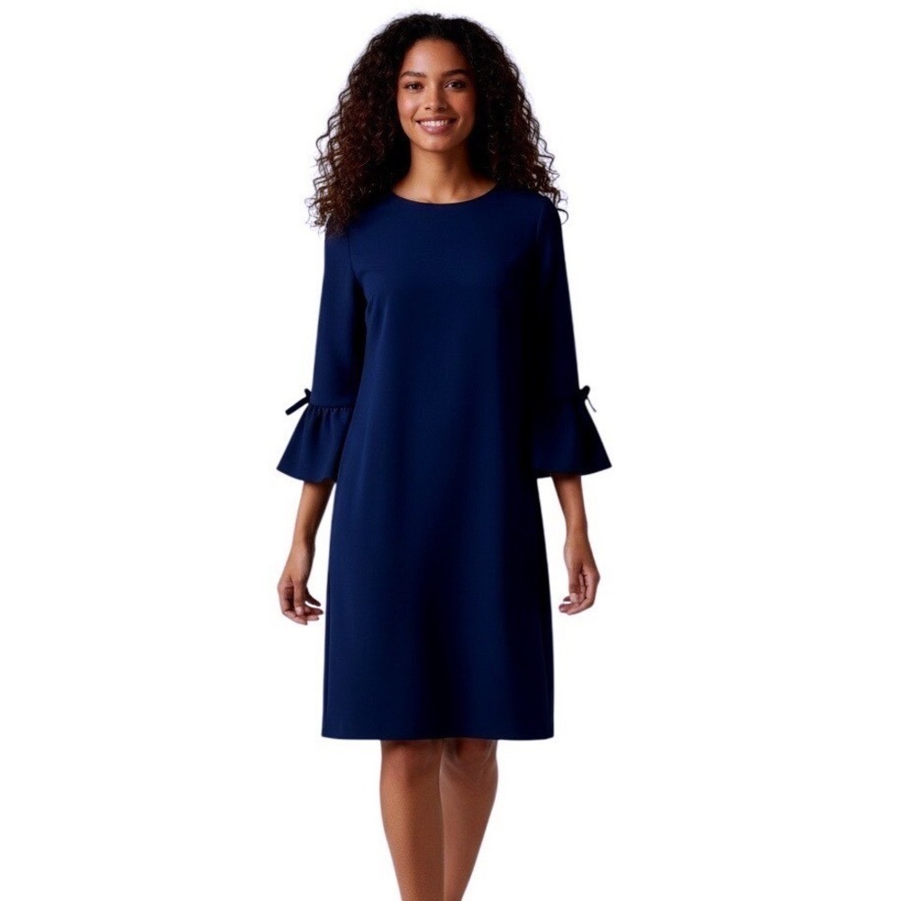 Club Monaco Womens Blue Bell Sleeve Shift Dress Size 4 Ruffle Cuff Career Mini